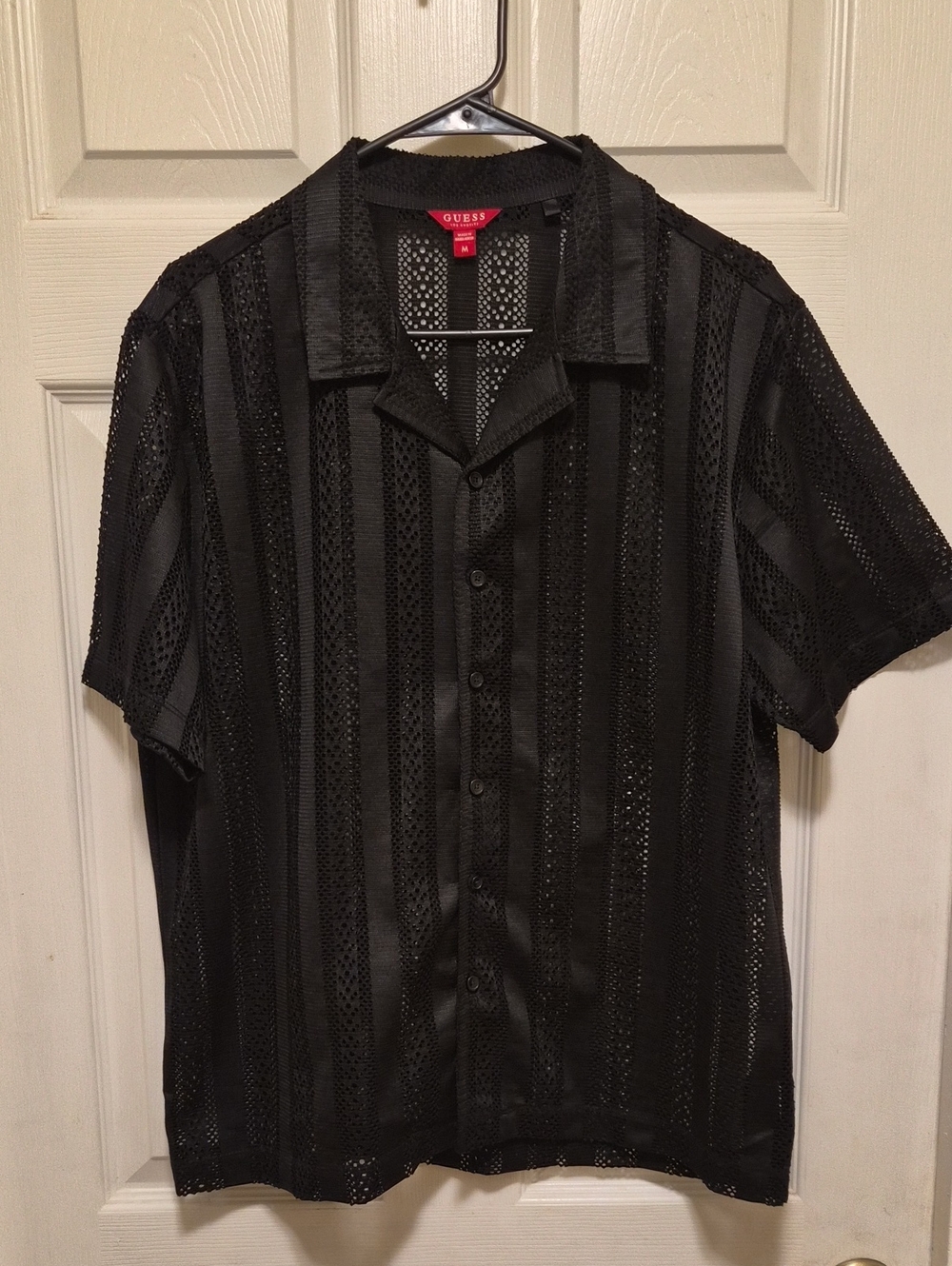 Guess Black Short-Sleeve Button-Down Mesh Stripe Shirt